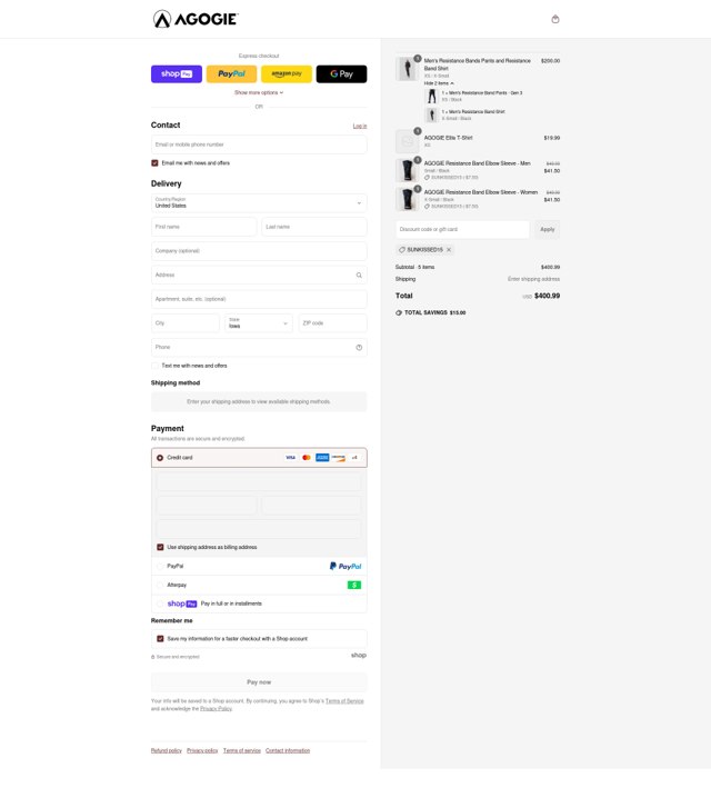 Agogie checkout page showing Agogie promo code box | Screenshot taken by SimplyCodes community member on May 21, 2025