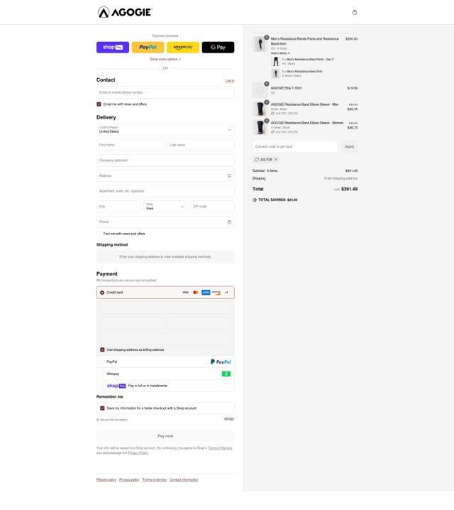 Agogie checkout page showing Agogie promo code box | Screenshot taken by SimplyCodes community member on May 21, 2025