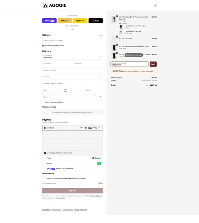 Agogie checkout page showing Agogie promo code box | Screenshot taken by SimplyCodes community member on May 21, 2025