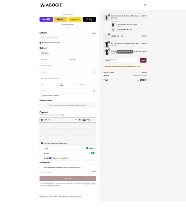 Agogie checkout page showing Agogie promo code box | Screenshot taken by SimplyCodes community member on May 21, 2025