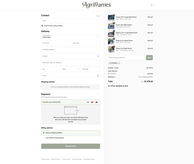 Agriframes US checkout page showing Agriframes US promo code box | Screenshot taken by SimplyCodes community member on Apr 27, 2025