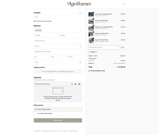 Agriframes US checkout page showing Agriframes US promo code box | Screenshot taken by SimplyCodes community member on Apr 27, 2025