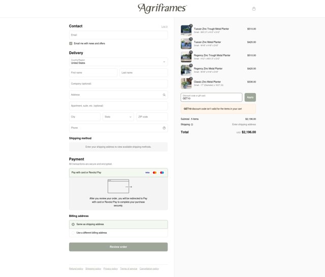Agriframes US checkout page showing Agriframes US promo code box | Screenshot taken by SimplyCodes community member on Apr 27, 2025