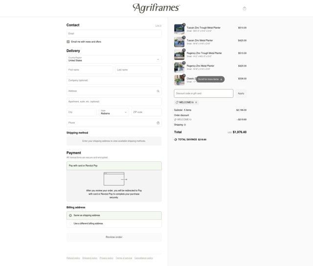 Agriframes US checkout page showing Agriframes US promo code box | Screenshot taken by SimplyCodes community member on May 6, 2025