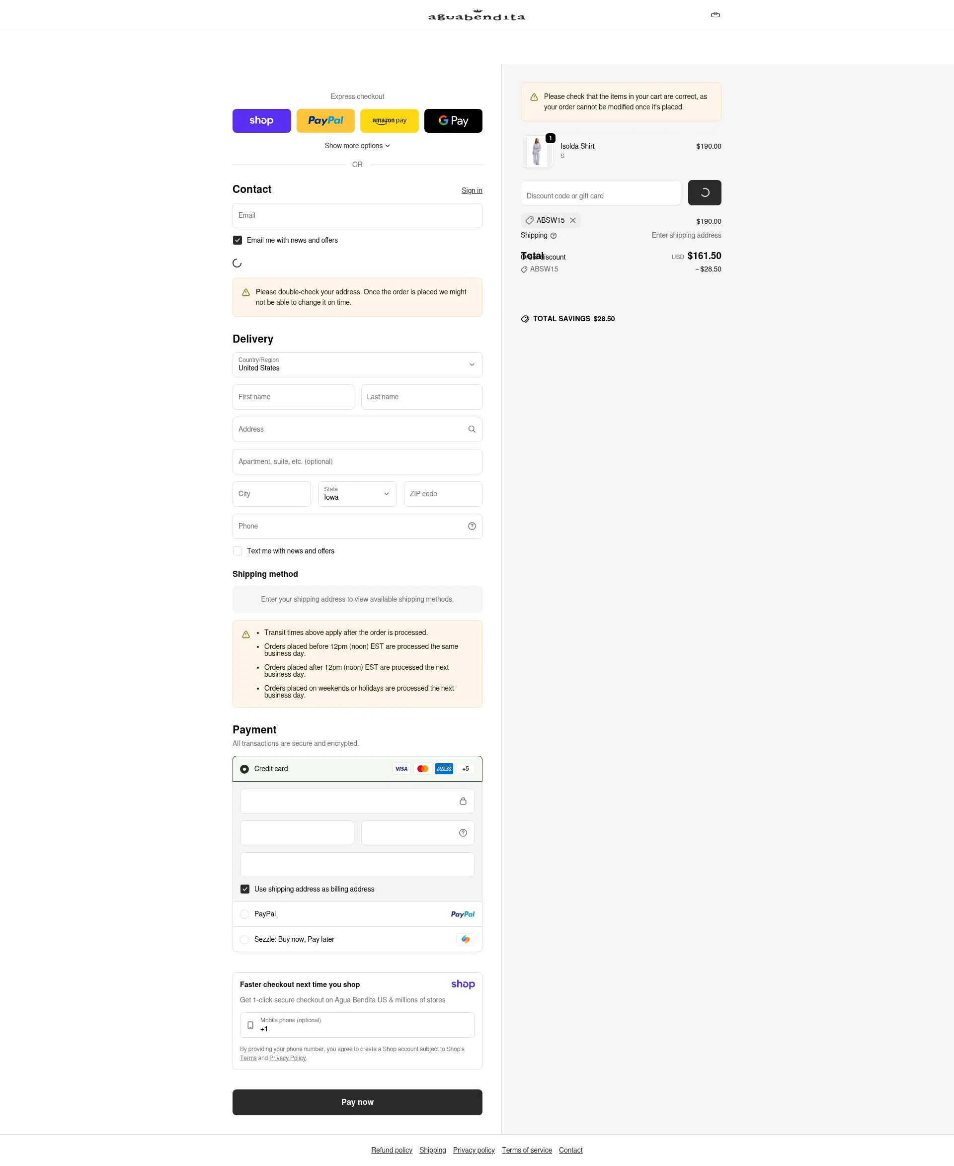 Agua Bendita checkout page showing Agua Bendita promo code box | Screenshot taken by SimplyCodes community member on Jan 17, 2026
