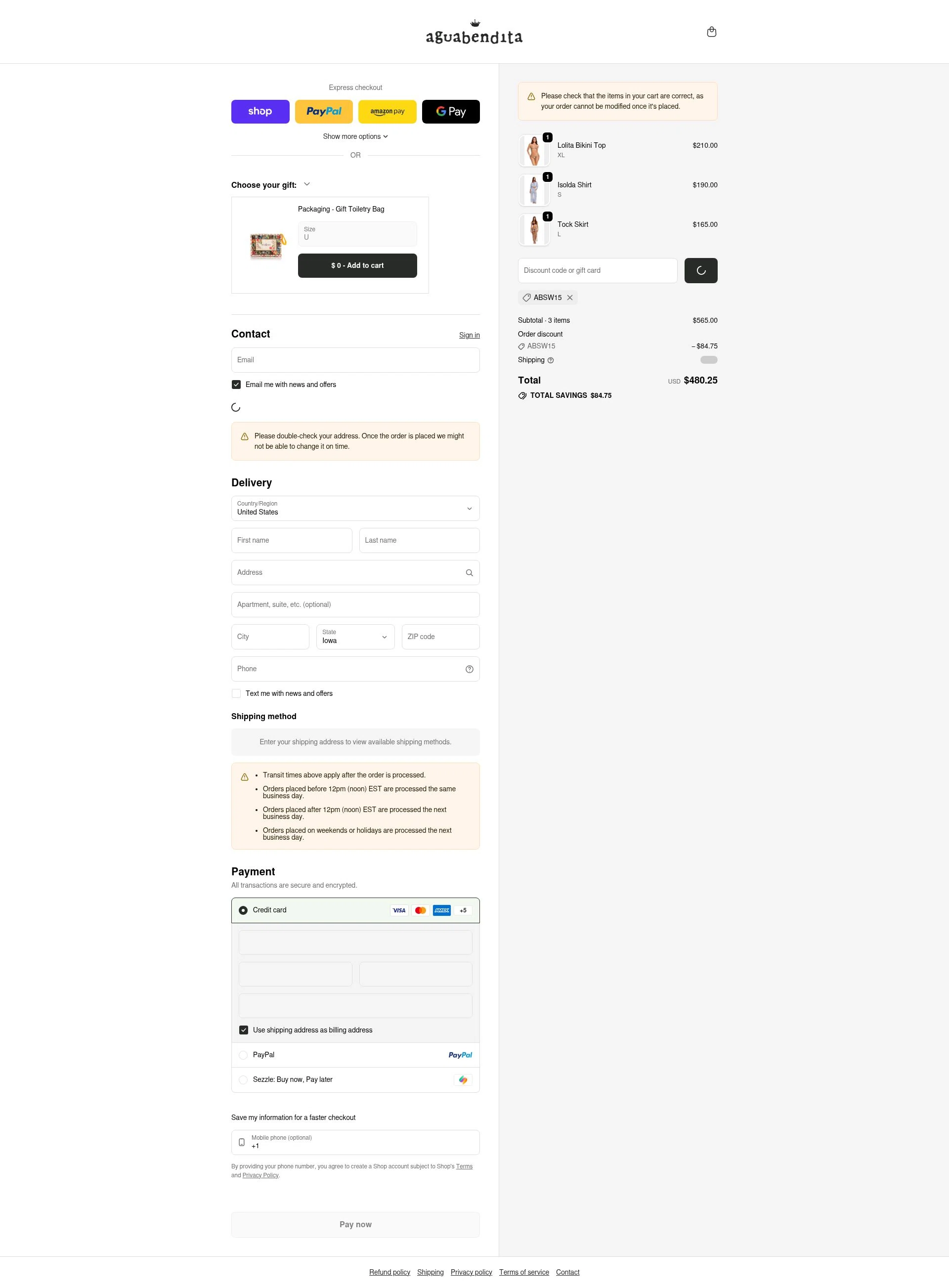 Agua Bendita checkout page showing Agua Bendita promo code box | Screenshot taken by SimplyCodes community member on Jan 31, 2026