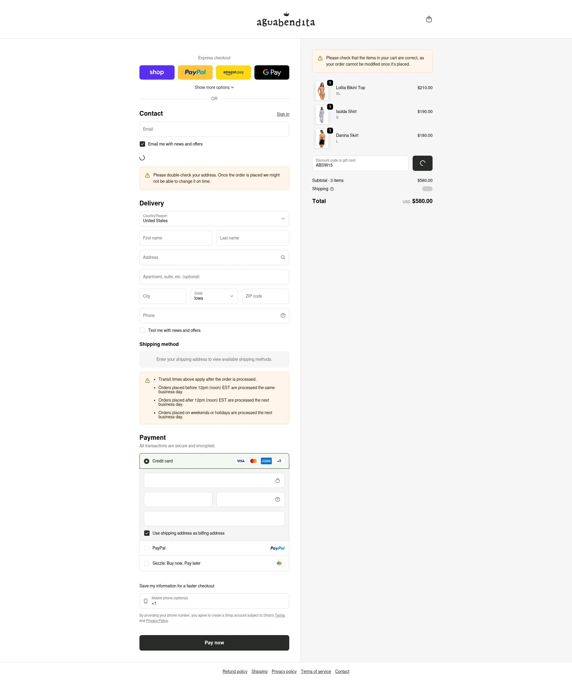 Agua Bendita checkout page showing Agua Bendita promo code box | Screenshot taken by SimplyCodes community member on Jan 12, 2026