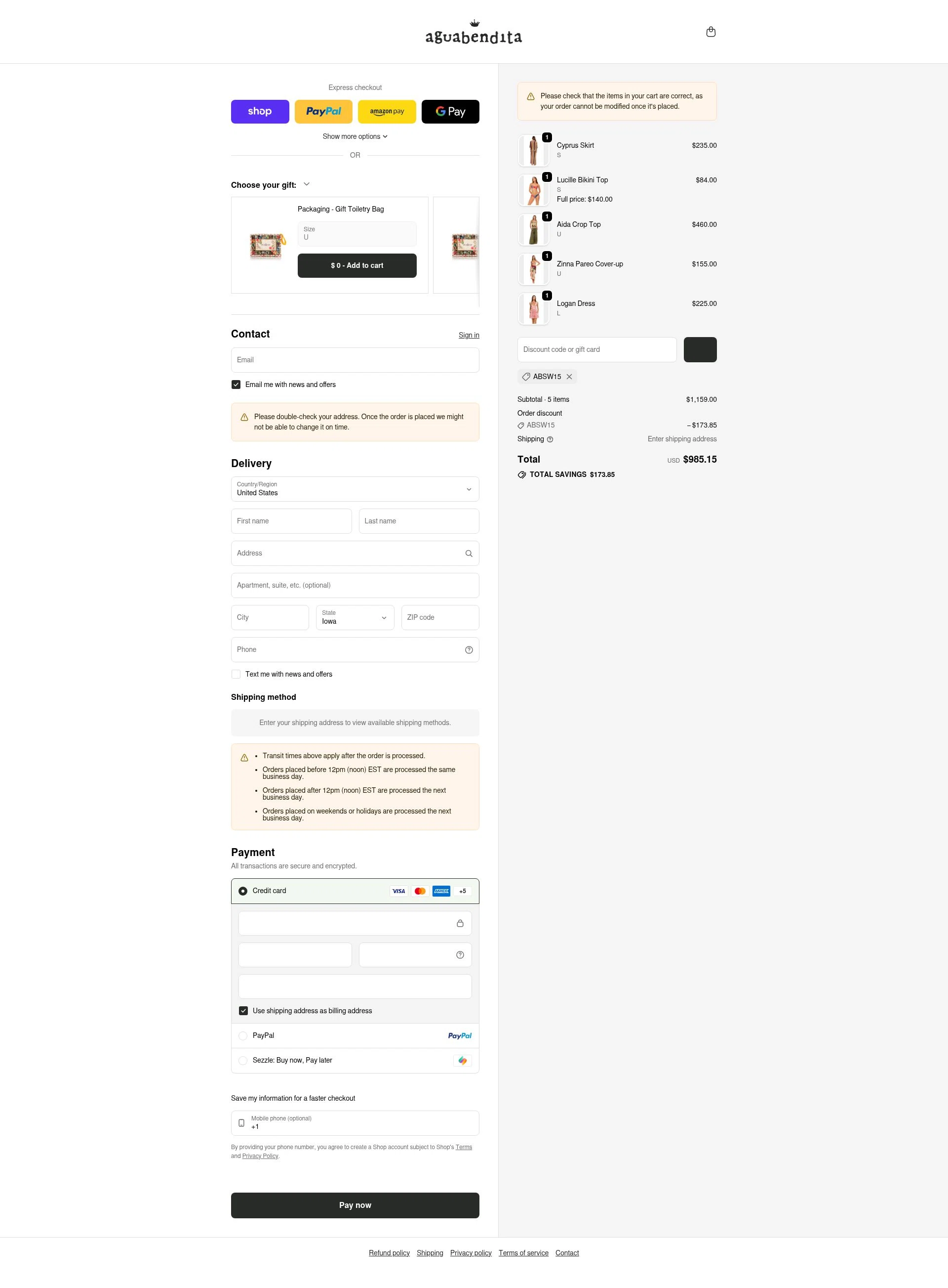 Agua Bendita checkout page showing Agua Bendita promo code box | Screenshot taken by SimplyCodes community member on Feb 8, 2026