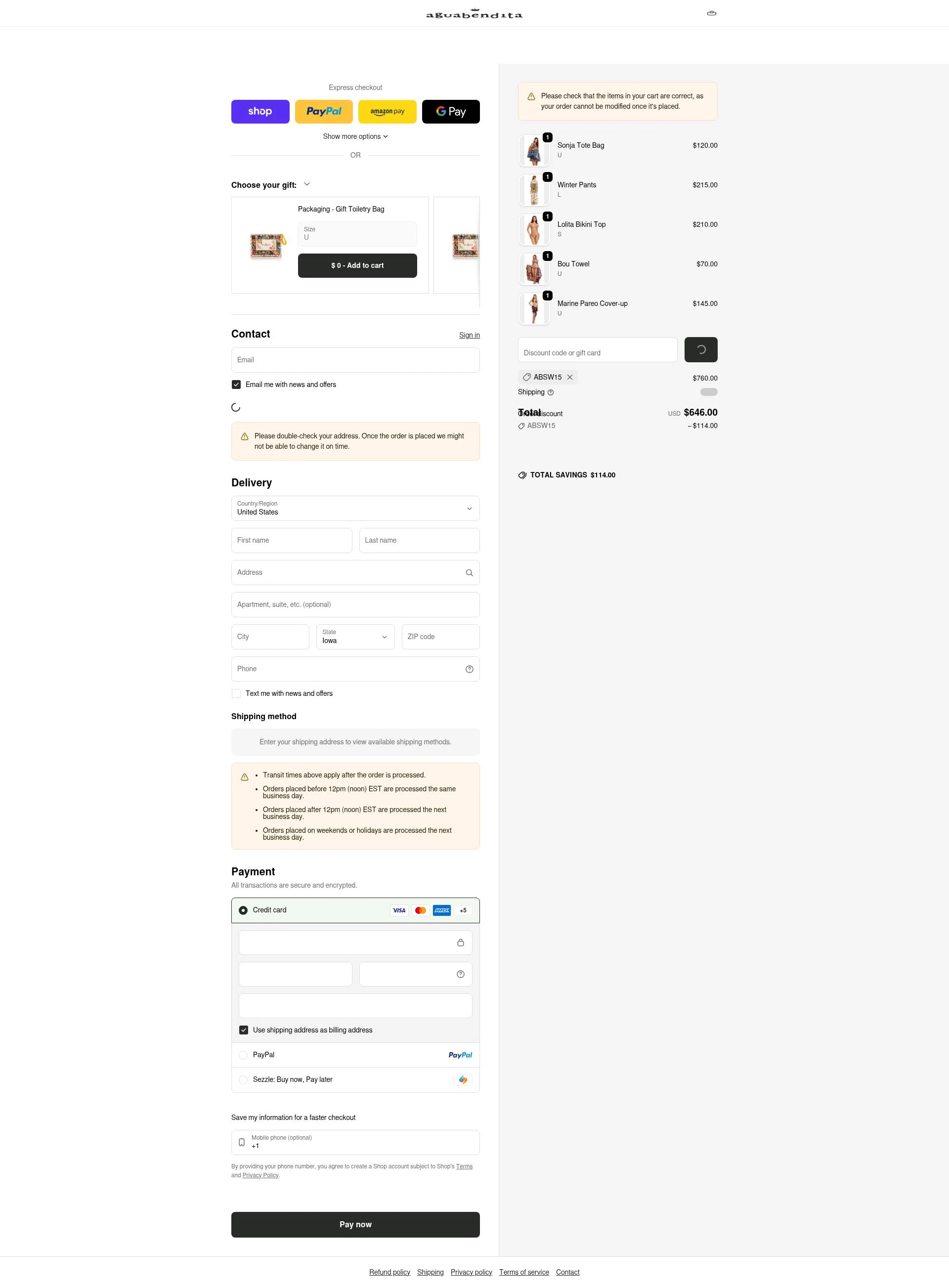 Agua Bendita checkout page showing Agua Bendita promo code box | Screenshot taken by SimplyCodes community member on Feb 4, 2026