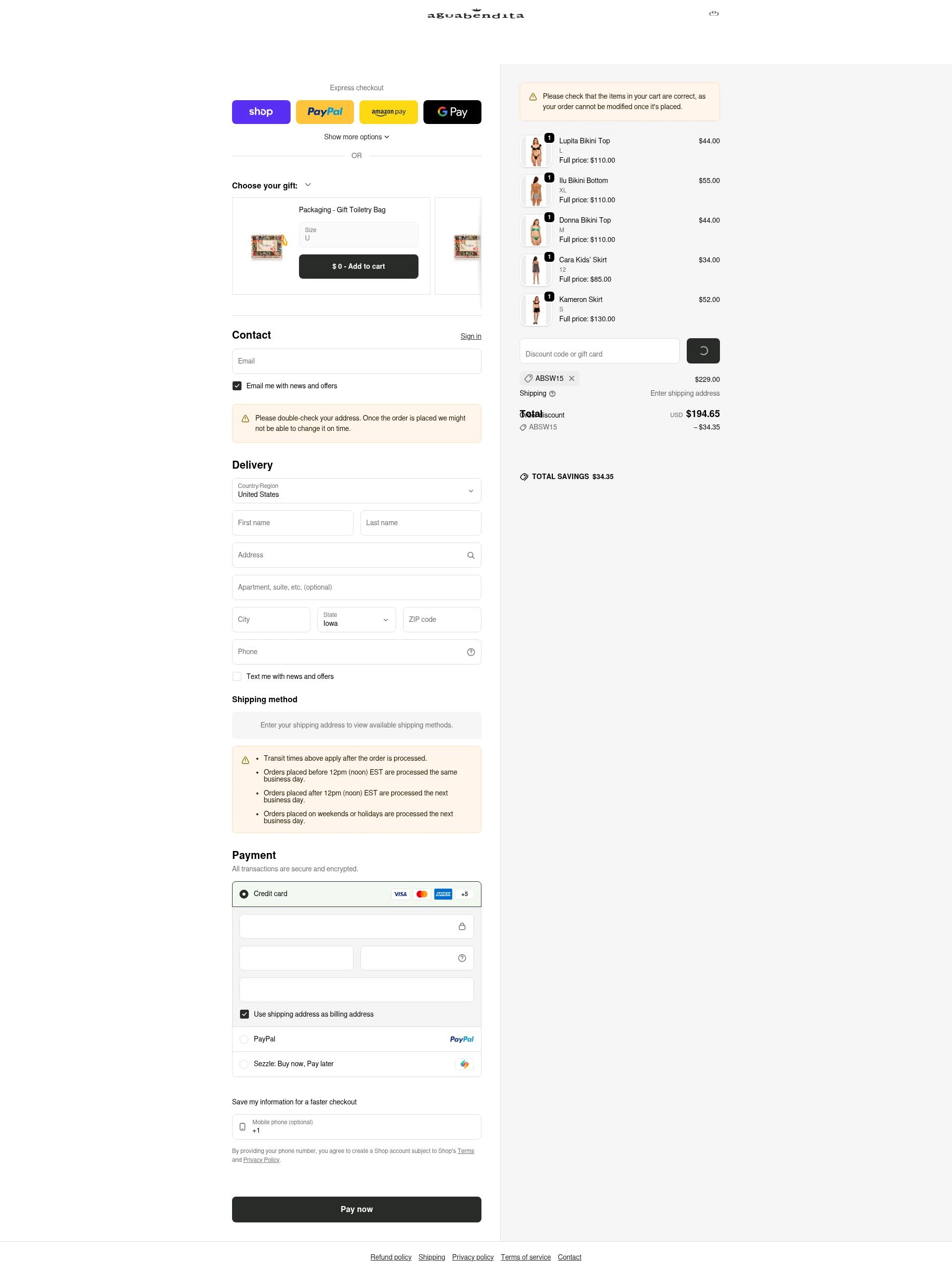 Agua Bendita checkout page showing Agua Bendita promo code box | Screenshot taken by SimplyCodes community member on Feb 13, 2026