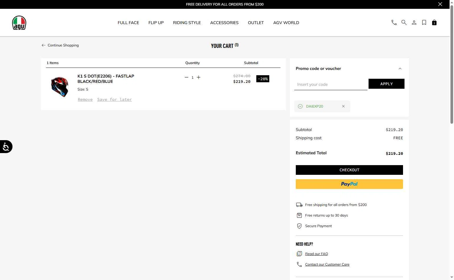 AGV Helmets checkout page showing AGV Helmets promo code box | Screenshot taken by SimplyCodes community member on Sep 8, 2025