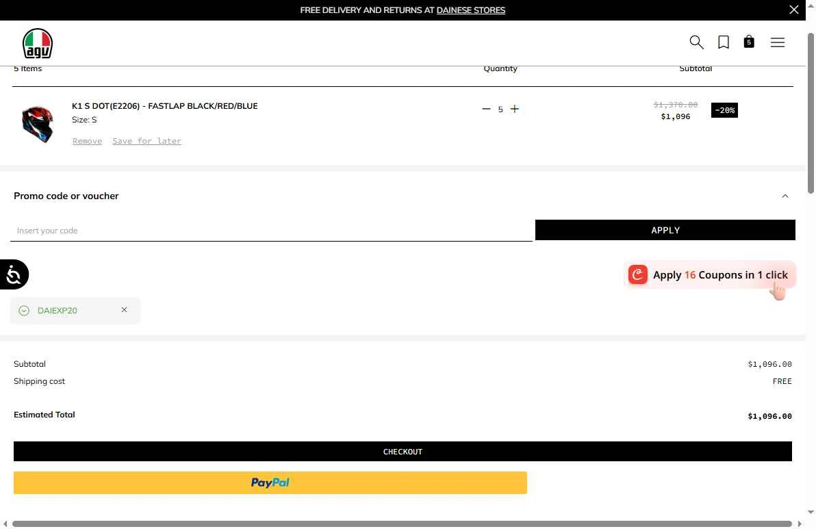 AGV Helmets checkout page showing AGV Helmets promo code box | Screenshot taken by SimplyCodes community member on Oct 7, 2025