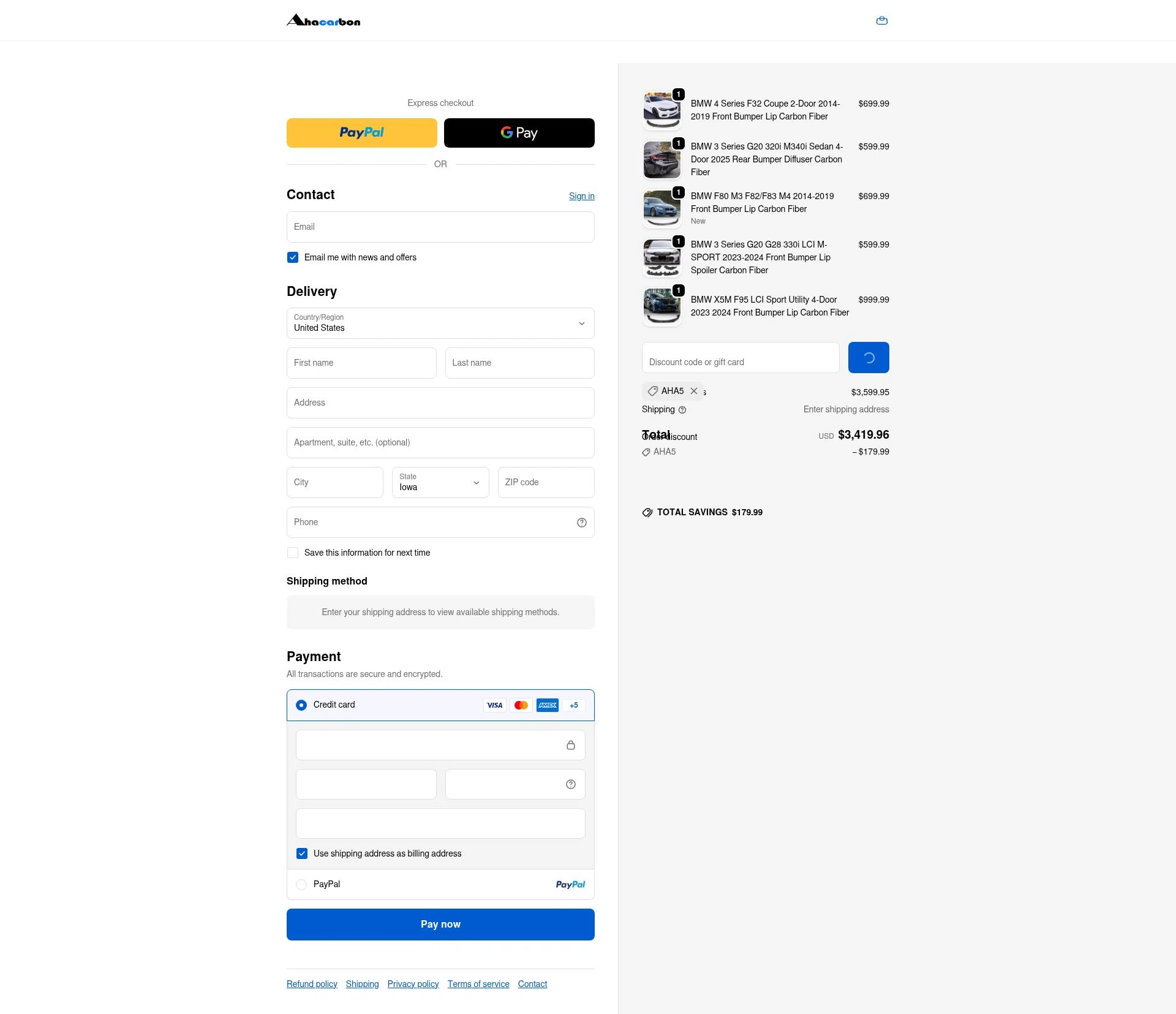 Ahacarbon checkout page showing Ahacarbon discount code box | Screenshot taken by SimplyCodes community member on Jan 8, 2026