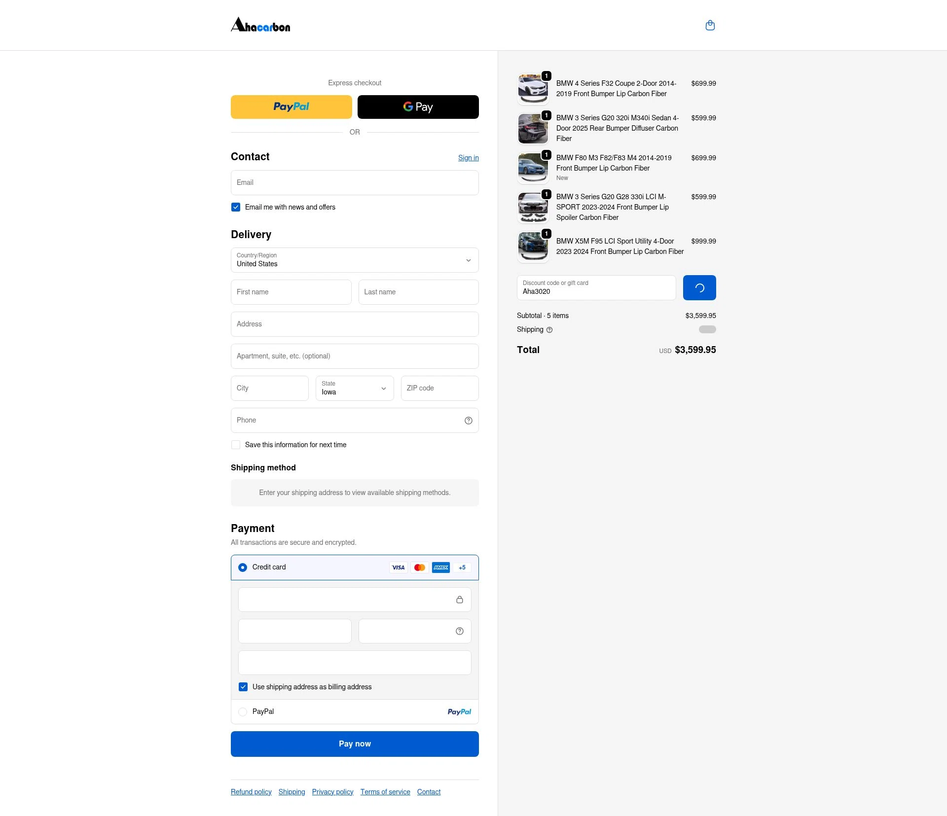 Ahacarbon checkout page showing Ahacarbon discount code box | Screenshot taken by SimplyCodes community member on Jan 3, 2026