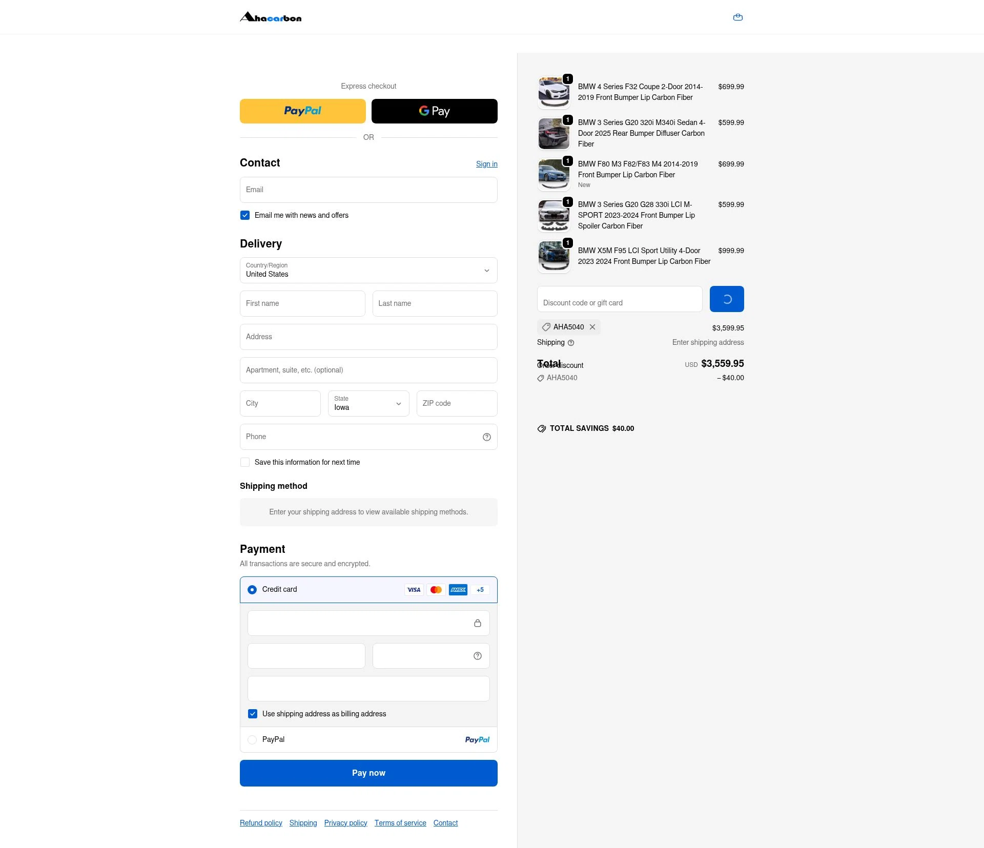 Ahacarbon checkout page showing Ahacarbon discount code box | Screenshot taken by SimplyCodes community member on Jan 8, 2026