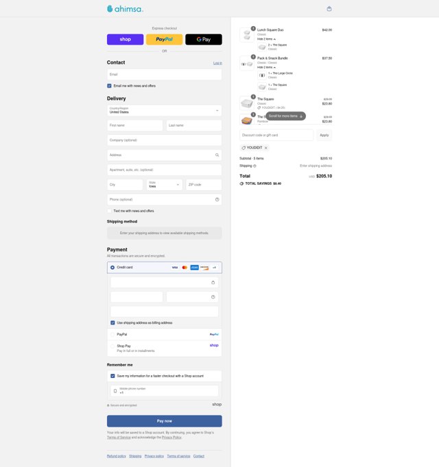 Ahimsa checkout page showing Ahimsa discount code box | Screenshot taken by SimplyCodes community member on Sep 3, 2025