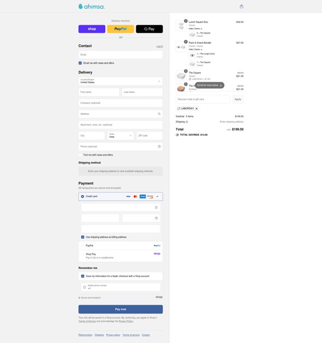 Ahimsa checkout page showing Ahimsa discount code box | Screenshot taken by SimplyCodes community member on Sep 3, 2025