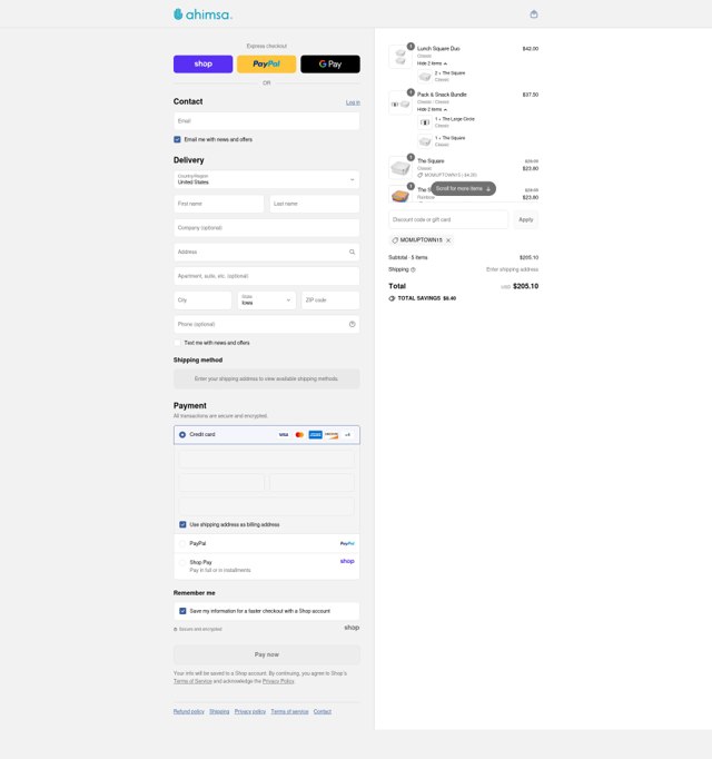 Ahimsa checkout page showing Ahimsa discount code box | Screenshot taken by SimplyCodes community member on Sep 3, 2025