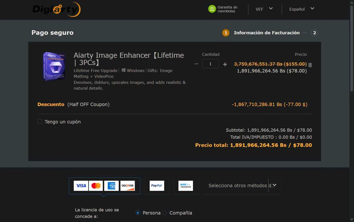 Aiarty Image Enhancer checkout page showing Aiarty Image Enhancer promo code box | Screenshot taken by SimplyCodes community member on Nov 25, 2025