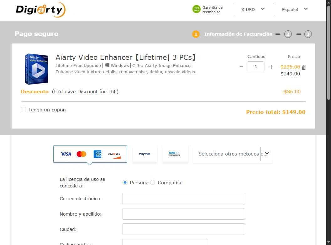Aiarty Image Enhancer checkout page showing Aiarty Image Enhancer promo code box | Screenshot taken by SimplyCodes community member on Jan 15, 2026