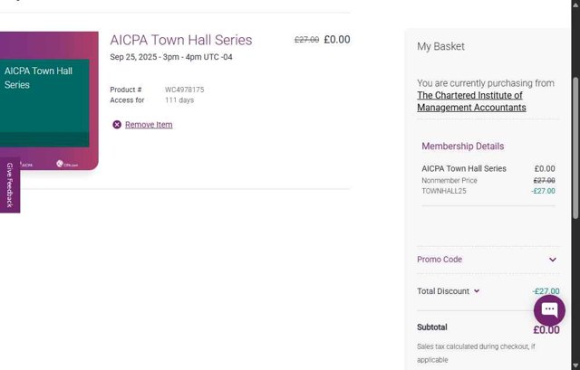 AICPA & CIMA checkout page showing AICPA & CIMA promo code box | Screenshot taken by SimplyCodes community member on Sep 4, 2025