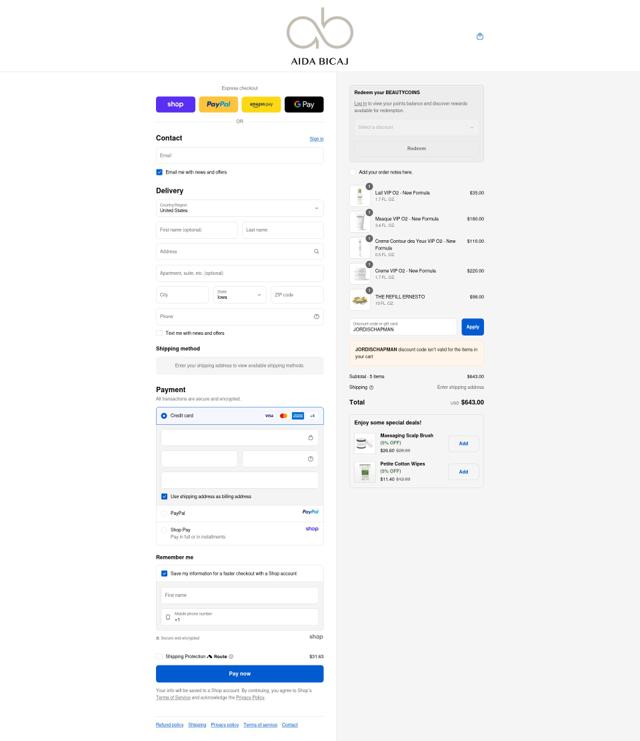 Aida Bicaj checkout page showing Aida Bicaj promo code box | Screenshot taken by SimplyCodes community member on Sep 14, 2025