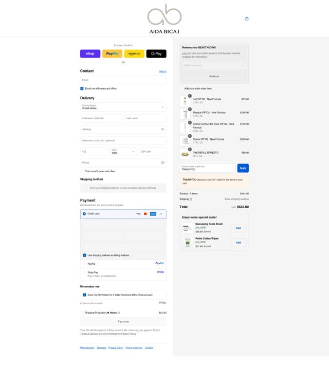 Aida Bicaj checkout page showing Aida Bicaj promo code box | Screenshot taken by SimplyCodes community member on Sep 14, 2025