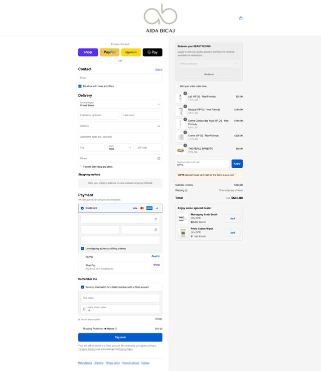 Aida Bicaj checkout page showing Aida Bicaj promo code box | Screenshot taken by SimplyCodes community member on Sep 14, 2025