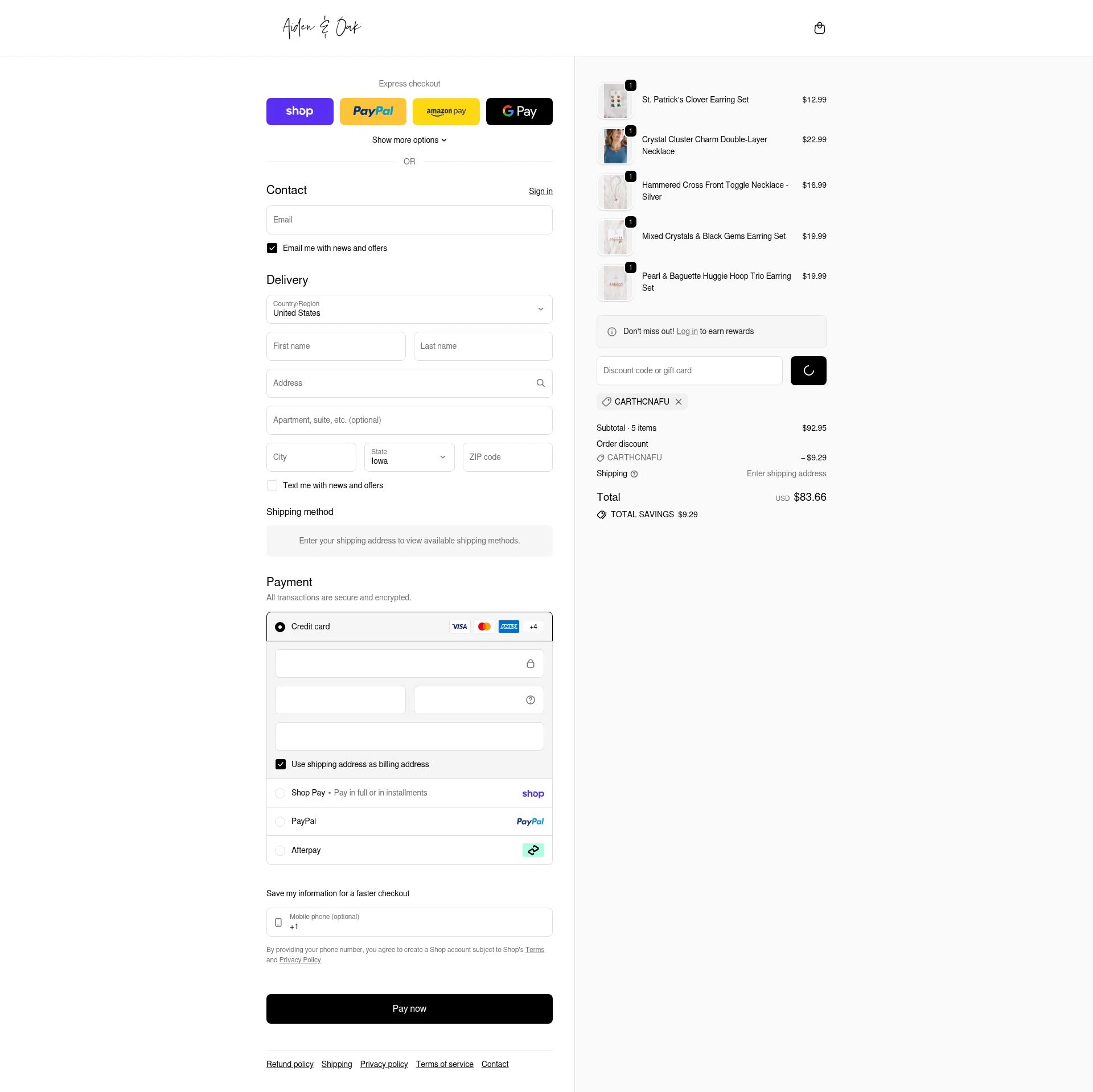 Aiden & Oak checkout page showing Aiden & Oak promo code box | Screenshot taken by SimplyCodes community member on Feb 17, 2026