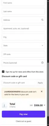 LAURENSKINNER10 coupon verification screenshot