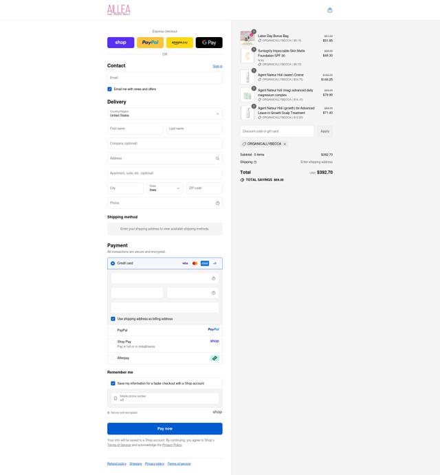 Aillea checkout page showing Aillea discount code box | Screenshot taken by SimplyCodes community member on Sep 15, 2025