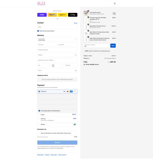Aillea checkout page showing Aillea discount code box | Screenshot taken by SimplyCodes community member on Sep 15, 2025