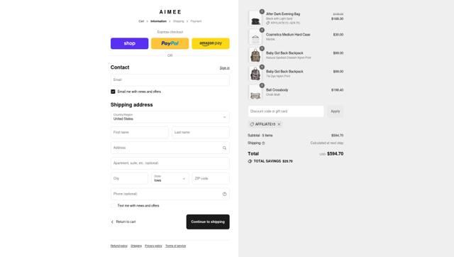 Aimee Kestenberg checkout page showing Aimee Kestenberg discount code box | Screenshot taken by SimplyCodes community member on Sep 11, 2025