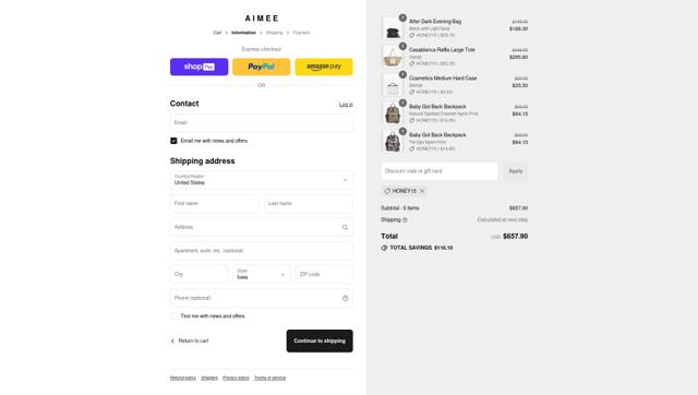 Aimee Kestenberg checkout page showing Aimee Kestenberg discount code box | Screenshot taken by SimplyCodes community member on Aug 25, 2025