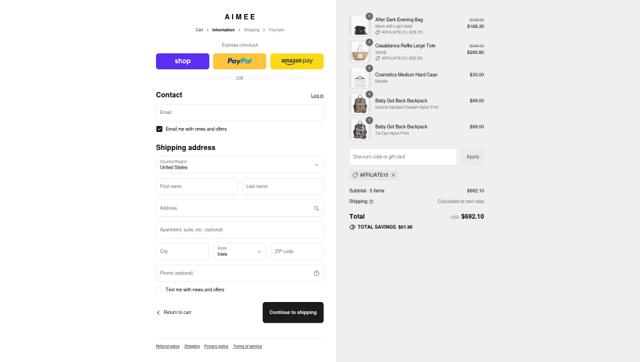 Aimee Kestenberg checkout page showing Aimee Kestenberg discount code box | Screenshot taken by SimplyCodes community member on Aug 29, 2025
