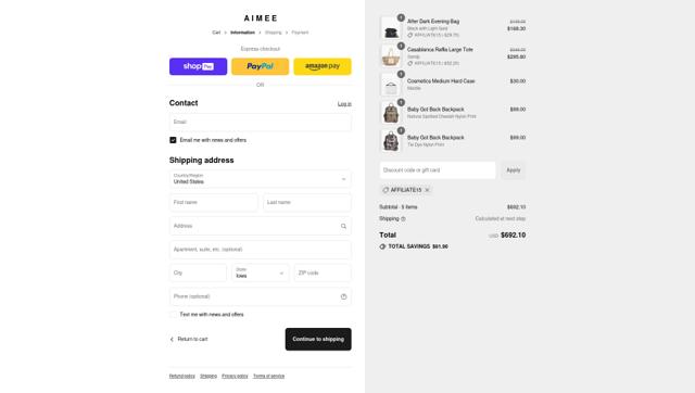 Aimee Kestenberg checkout page showing Aimee Kestenberg discount code box | Screenshot taken by SimplyCodes community member on Aug 25, 2025