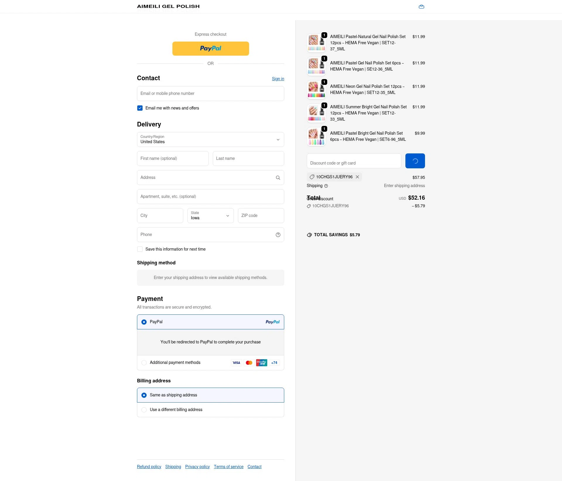 AIMEILI GEL POLISH checkout page showing AIMEILI GEL POLISH promo code box | Screenshot taken by SimplyCodes community member on Feb 21, 2026