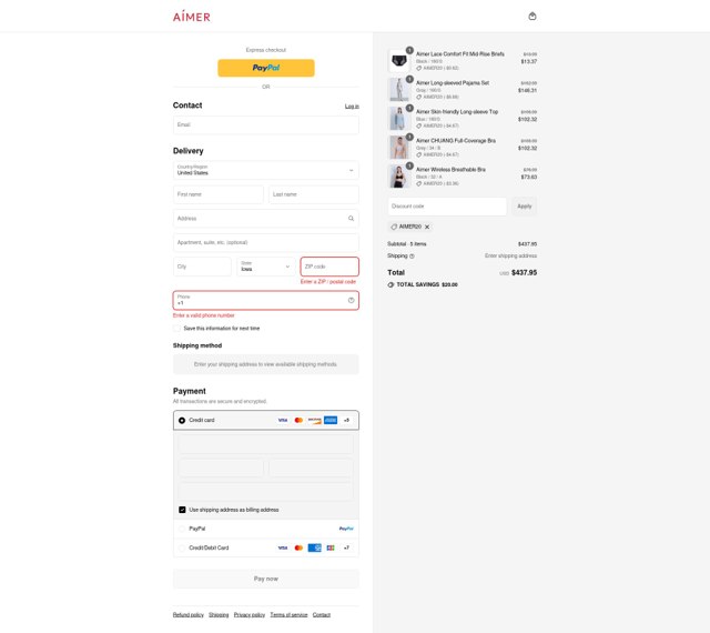 Aimer checkout page showing Aimer coupon code box | Screenshot taken by SimplyCodes community member on Aug 26, 2025
