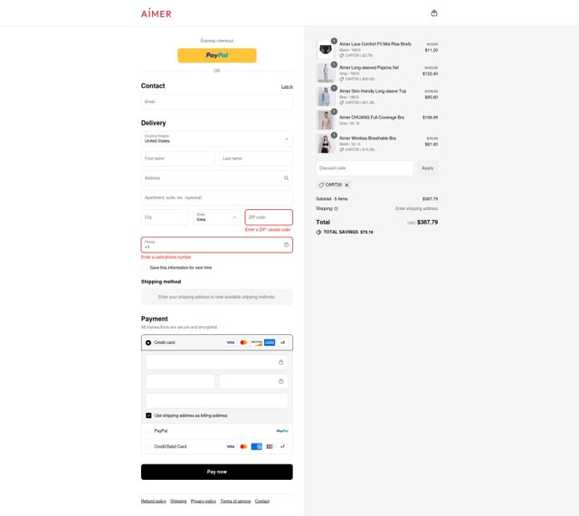 Aimer checkout page showing Aimer coupon code box | Screenshot taken by SimplyCodes community member on Aug 26, 2025
