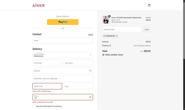 Aimer checkout page showing Aimer coupon code box | Screenshot taken by SimplyCodes community member on Aug 26, 2025