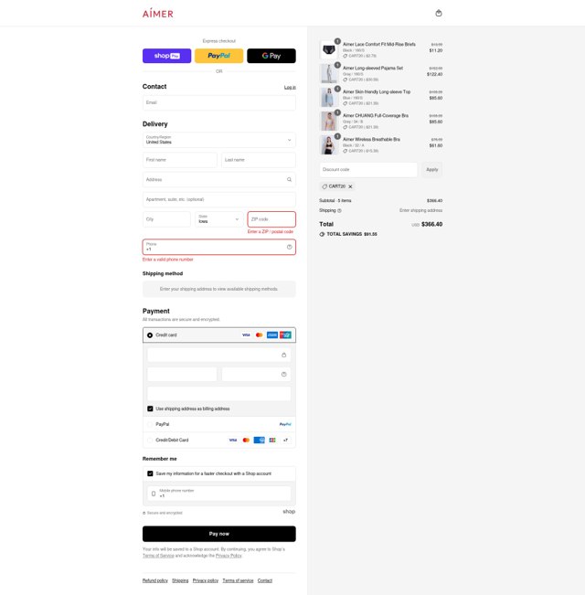 Aimer checkout page showing Aimer coupon code box | Screenshot taken by SimplyCodes community member on Aug 16, 2025