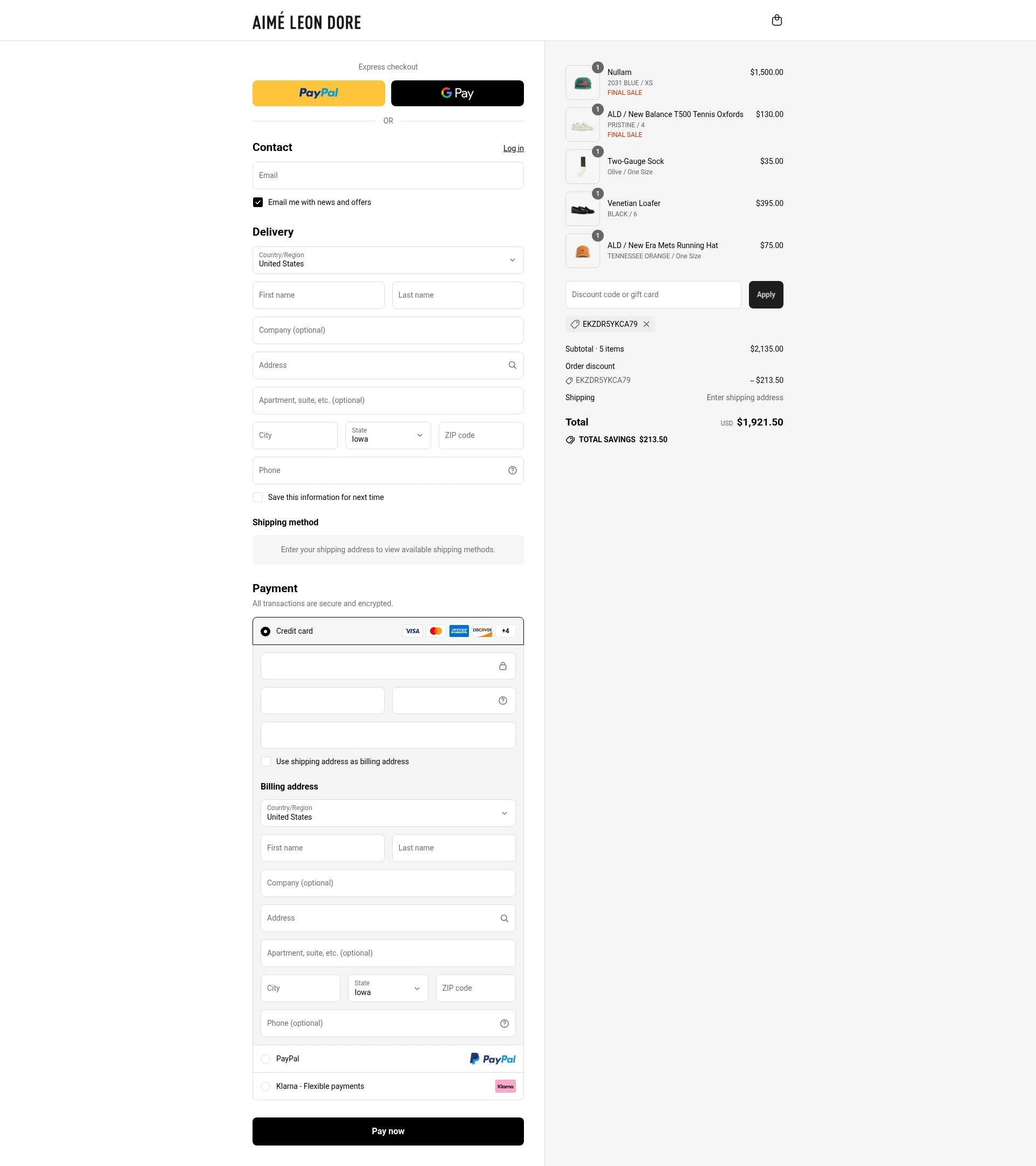 Aimé Leon Dore checkout page showing Aimé Leon Dore promo code box | Screenshot taken by SimplyCodes community member on Jul 26, 2025