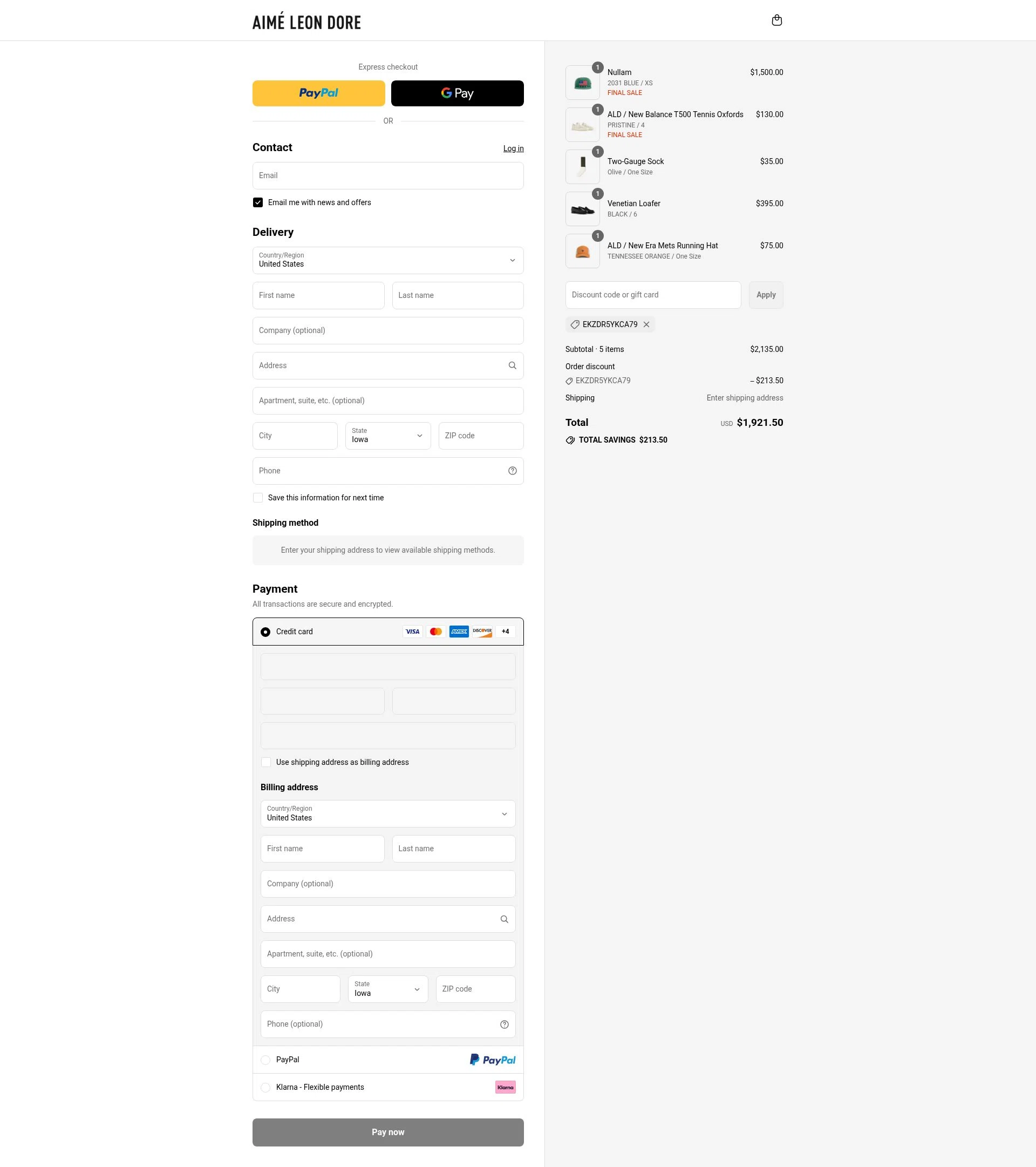 Aimé Leon Dore checkout page showing Aimé Leon Dore promo code box | Screenshot taken by SimplyCodes community member on Jul 22, 2025