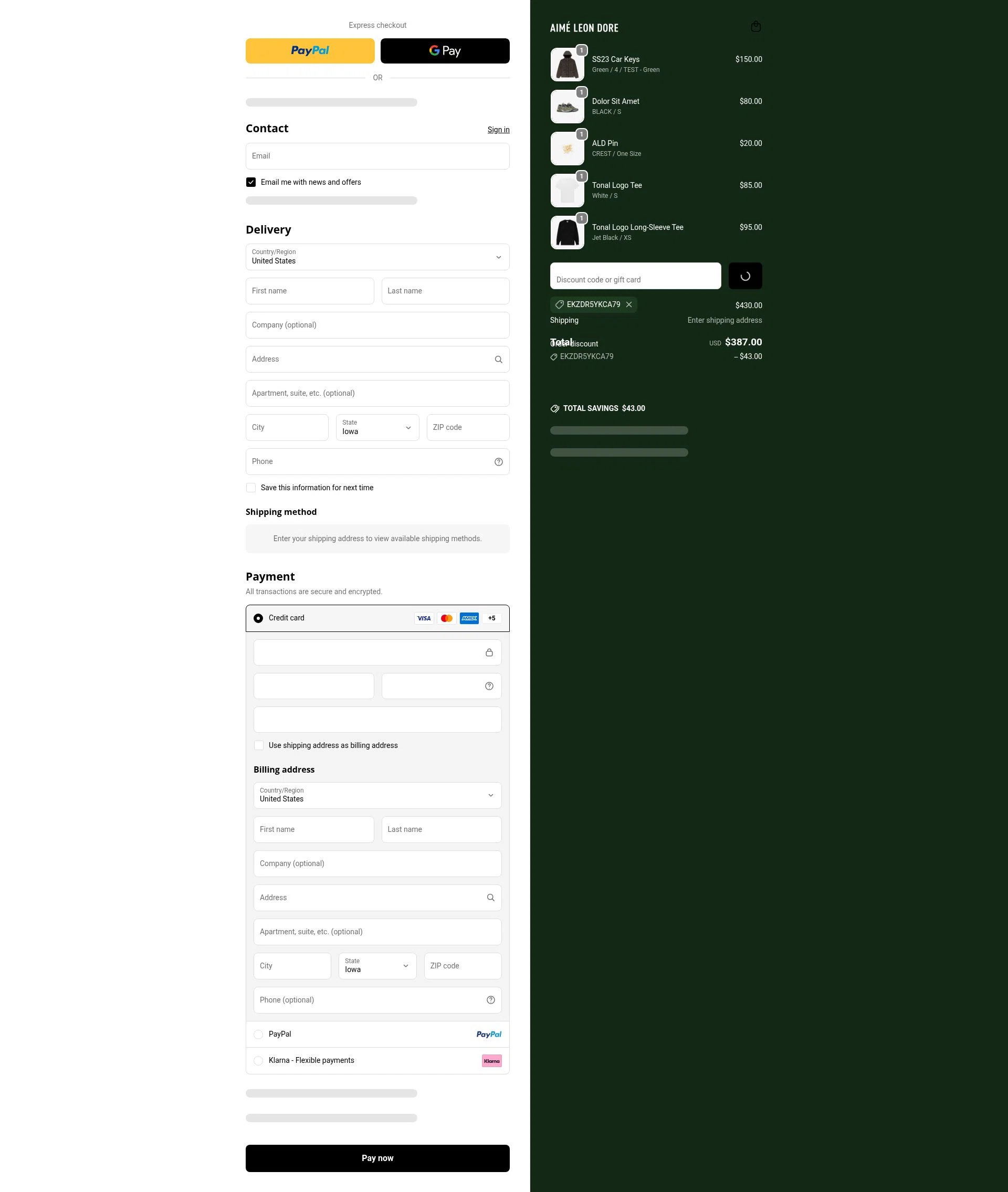Aimé Leon Dore checkout page showing Aimé Leon Dore promo code box | Screenshot taken by SimplyCodes community member on Feb 13, 2026