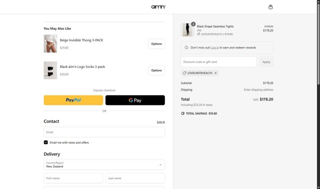 AIM'N NZ checkout page showing AIM'N NZ promo code box | Screenshot taken by SimplyCodes community member on Jun 14, 2025