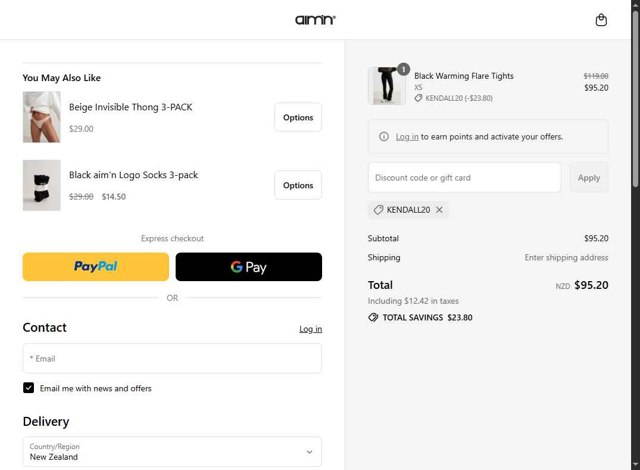 AIM'N NZ checkout page showing AIM'N NZ promo code box | Screenshot taken by SimplyCodes community member on Jul 13, 2025