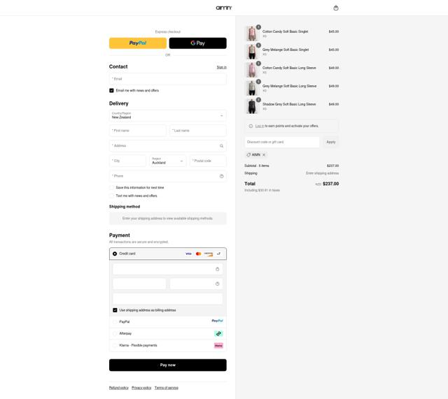 AIM'N NZ checkout page showing AIM'N NZ promo code box | Screenshot taken by SimplyCodes community member on Sep 13, 2025