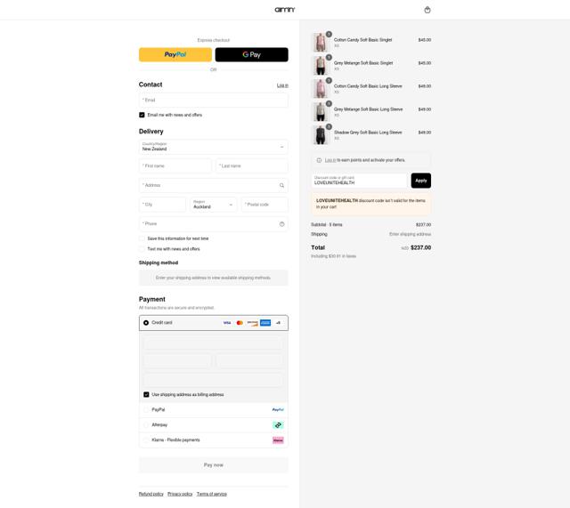 AIM'N NZ checkout page showing AIM'N NZ promo code box | Screenshot taken by SimplyCodes community member on Aug 29, 2025
