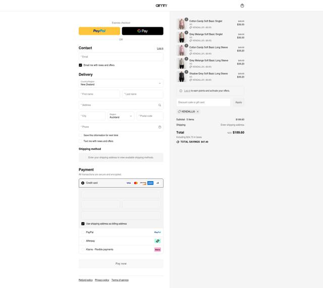AIM'N NZ checkout page showing AIM'N NZ promo code box | Screenshot taken by SimplyCodes community member on Aug 20, 2025