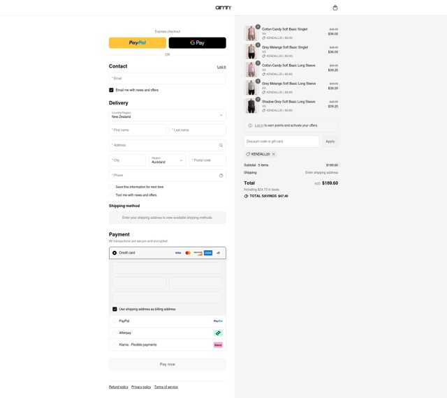 AIM'N NZ checkout page showing AIM'N NZ promo code box | Screenshot taken by SimplyCodes community member on Aug 20, 2025
